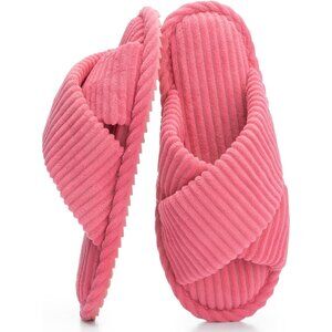 ⚡Women Rosy Red Cotton Memory Foam Bedroom Corduroy Crossbands Open Toe Shoes